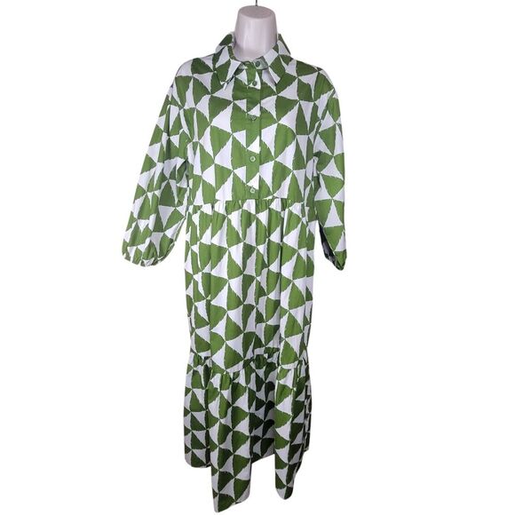 Maeve by Anthropologie Bettina Tiered Dress Size Medium Cotton Boho Green White - Picture 3 of 6